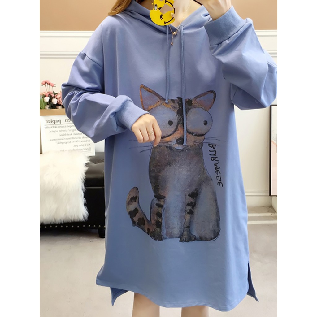 Maternidade outono topo moda terno solto manga comprida comprimento médio moletom com capuz fino algodão camiseta vestid