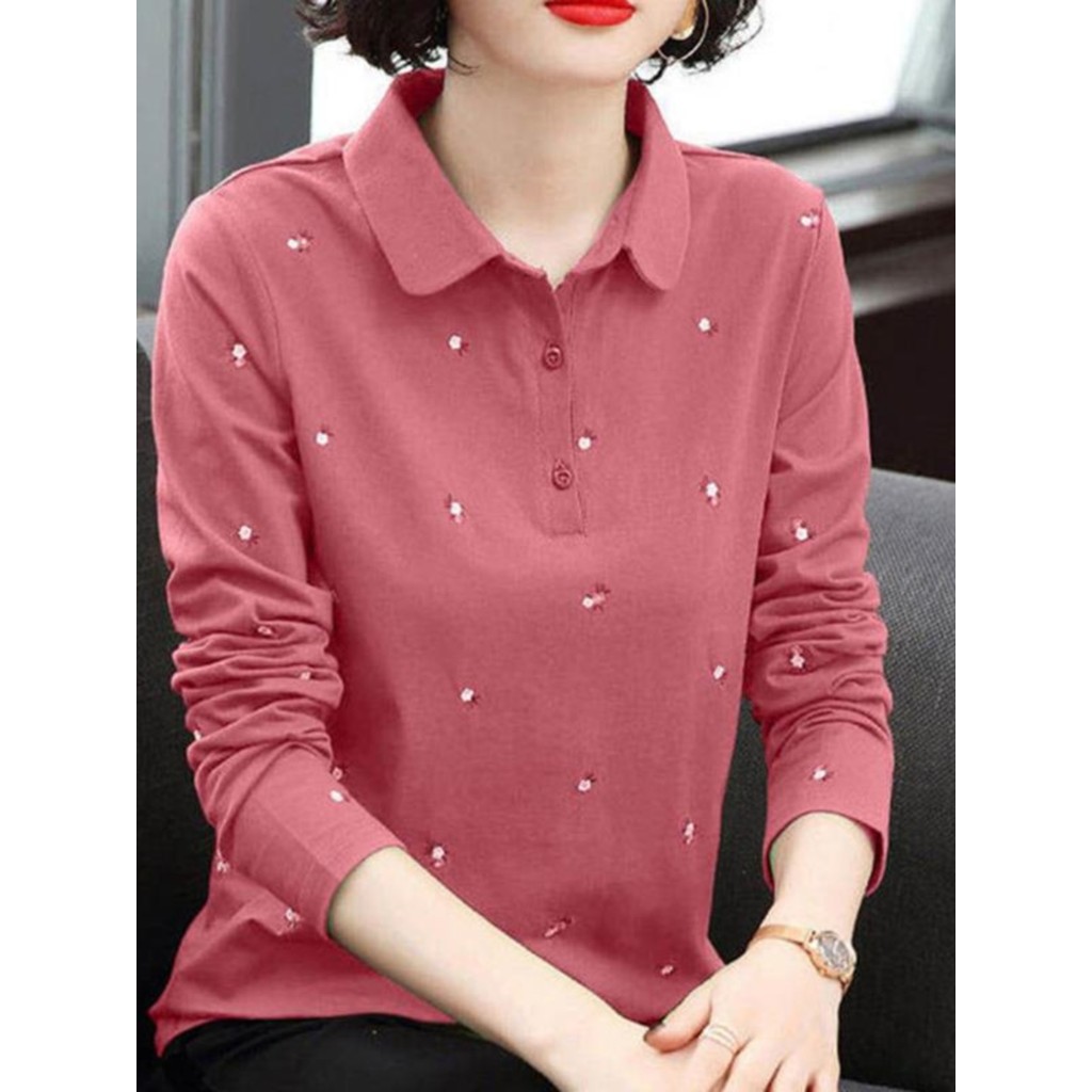 Camiseta de manga comprida feminina mãe Wear 2024 primavera outono novo estilo solto mais magro olhar All-Match camisa p