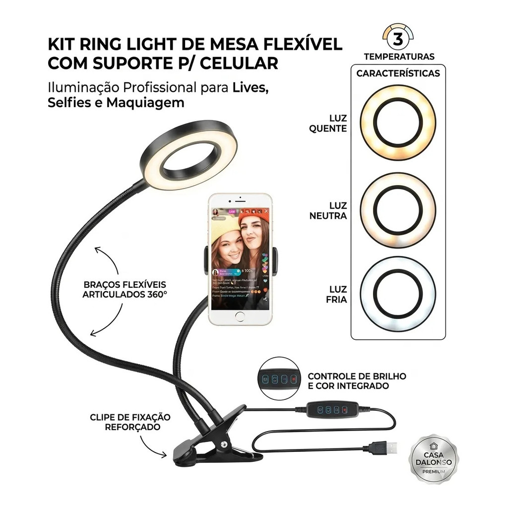 Iluminador ring light led mesa prendedor celular selfie