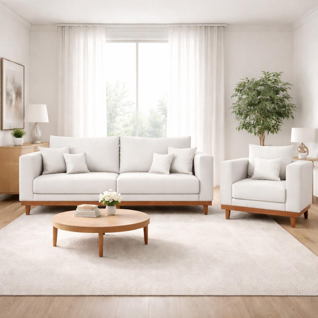 Kit Poltrona Living + Sofá 2 Lugares com Base Madeira Linho