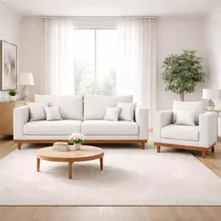 Kit Poltrona Living + Sofá 2 Lugares com Base Madeira Linho