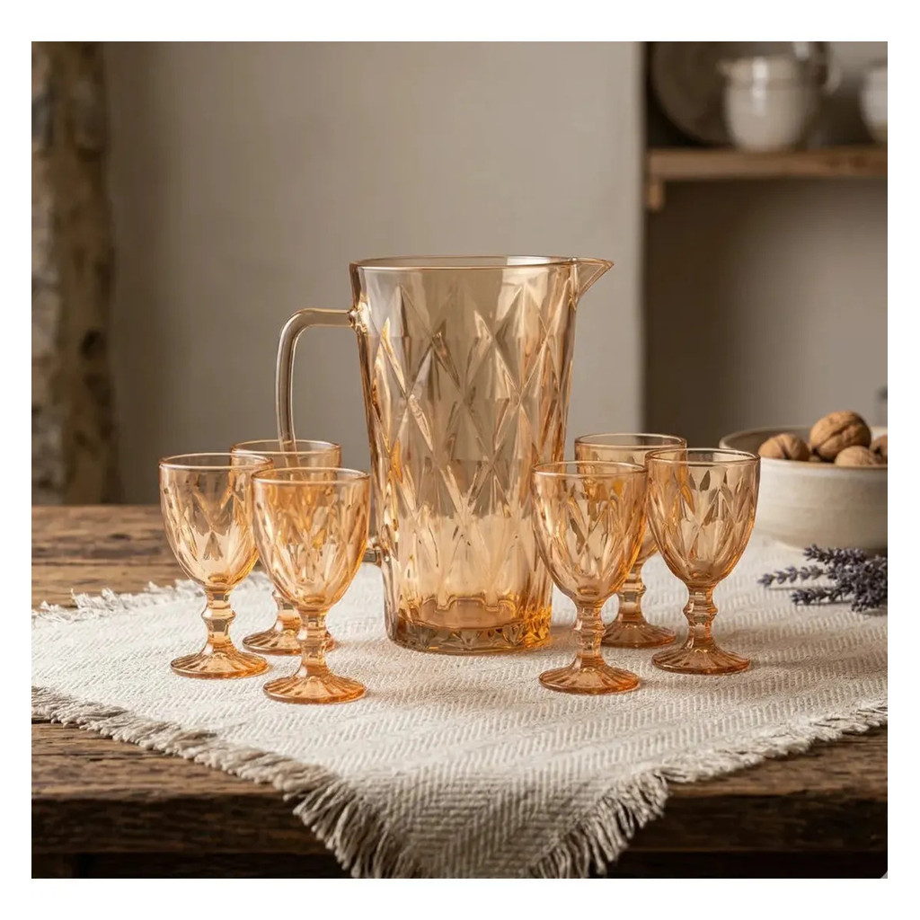Jogo Jarra 1,2l + 6 Taças 300ml Diamond Âmbar Vidro Luxo Elegante Kit 7 Peças Mesa Posta Suco Água