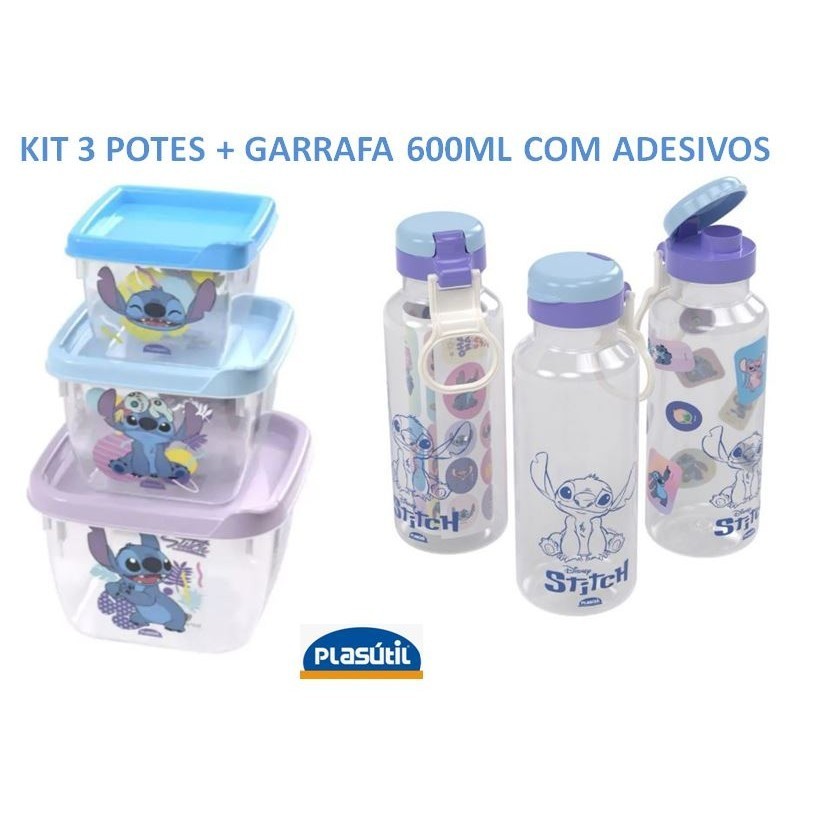Kit 3 Potes e Garrafa 600ml Stitch Plasútil infantil lancheira plasutil escolar lanche disney escola