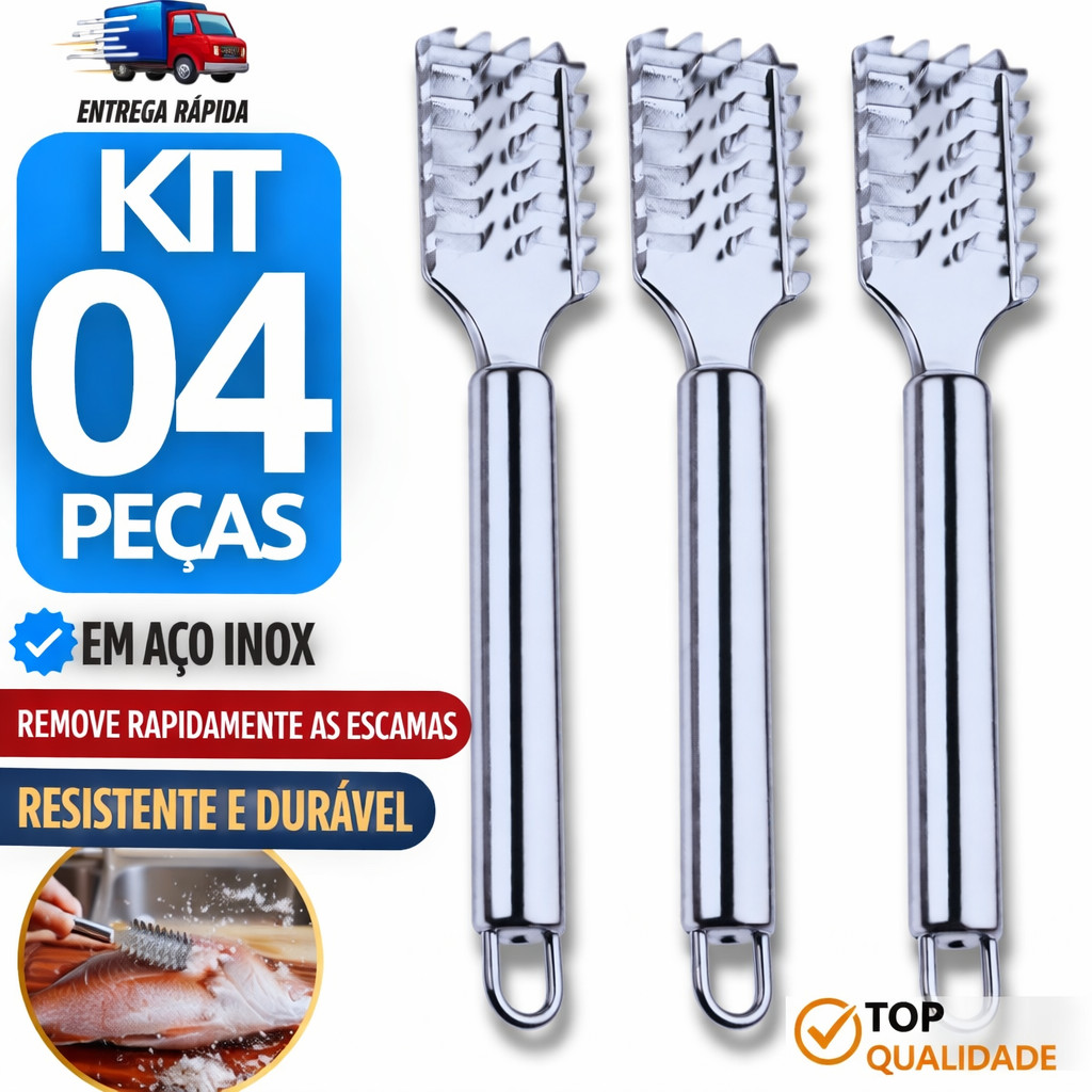 Jogo 4 Descamador de Peixe Inox Removedores  Escamas Escamador Profissional Manual Descamador