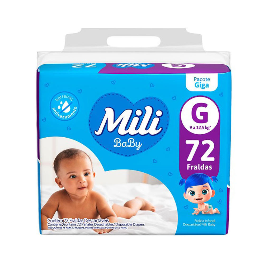 Fralda Mili Baby Tamanho G Pacote Giga 72 Unidades Descartáveis