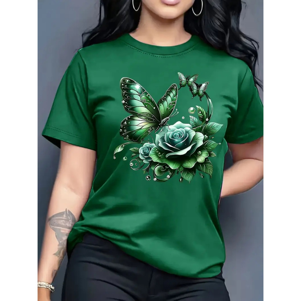 Camiseta T-Shirt Feminina Algodão Premium Borboleta Floral Casual Camisa Elegante