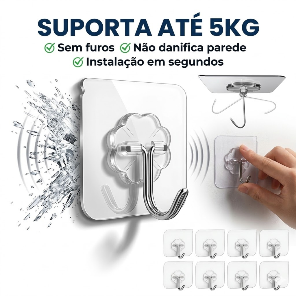 Kit's De 1/3/5/10/15 Ou 20 Ganchos Adesivos Transparente Sem Furadeira Organizador Parede Casa Resistente