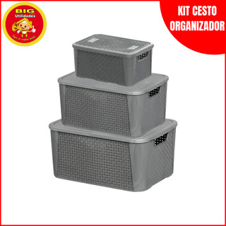 Kit 3 Cestos Organizadores Rattan Cinza Com Tampa 5,8L 8,8L 17L Brinquedos