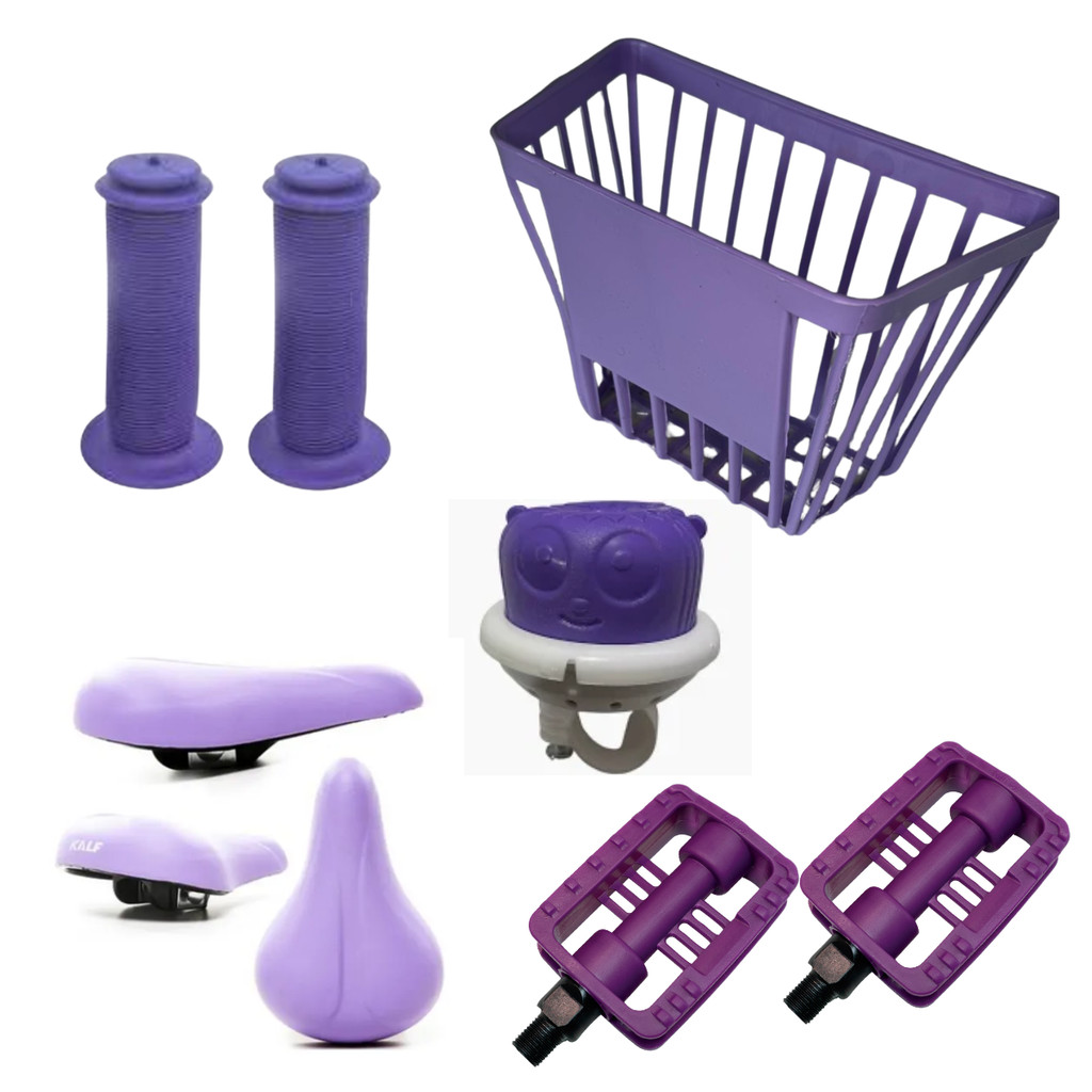 Kit acessórios bicicleta infantil aro 16 roxo lilás com cestinha + manopla + selim + Buzina + pedal