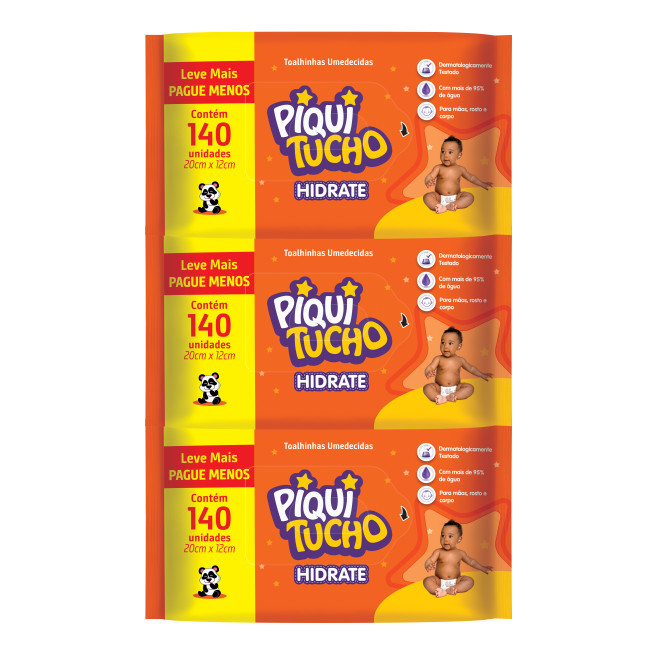 Toalha Umedecida Hidrate Piquitucho C/ 140 Un KIT C/3