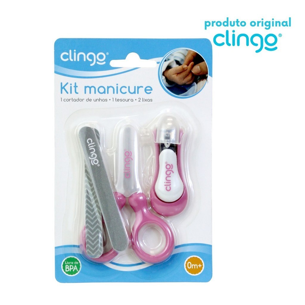Kit Higiene Manicure Infantil Clingo Rosa – Cortador, Tesoura e Lixa