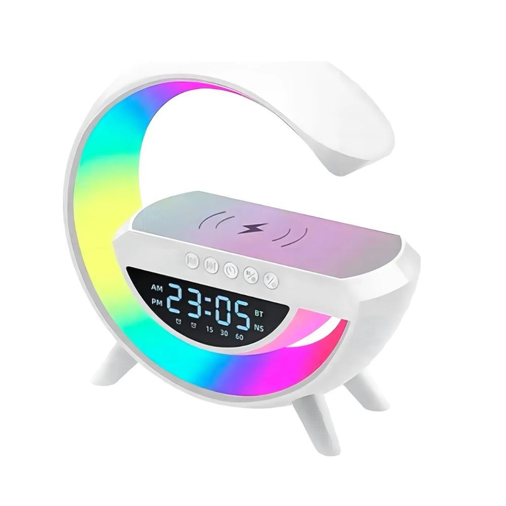 Luminária Led G com Caixa de Som Bluetooth, Relógio e Carregador de Indução Branca