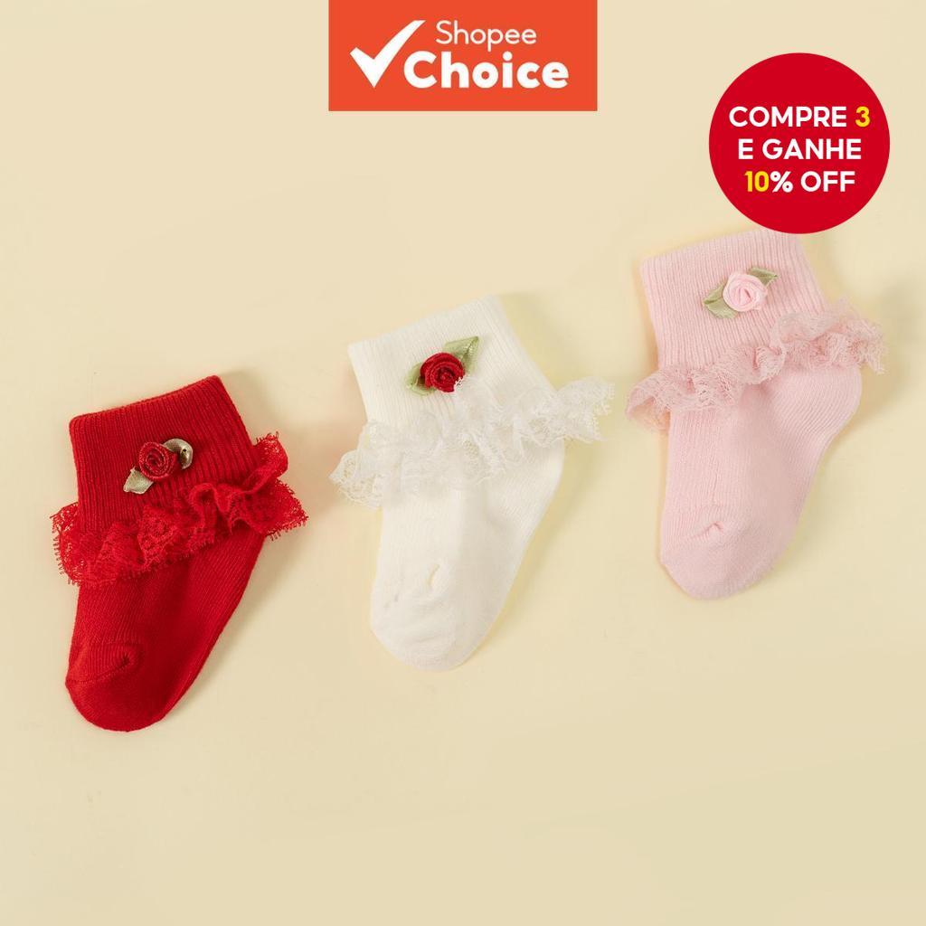 Meias Para Bebês Meninas Com Design Rosa 3D E Renda , 3 Pares De Algodão Macio De 0 A 3 Anos