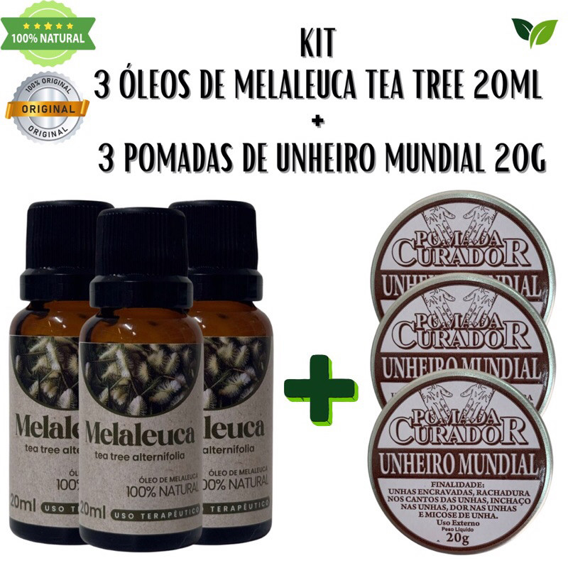 Kit Melaleuca – Óleo De Melaleuca Tea Tree 20ml + Pomada Curador Unheiro Mundial 20g | Produto Natural | Envio Rápido