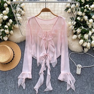 Doce Chiffon Cardigan Jaqueta Feminina Verão Fino Transparente Babados Bordas Rendas Até Xale Outwear
