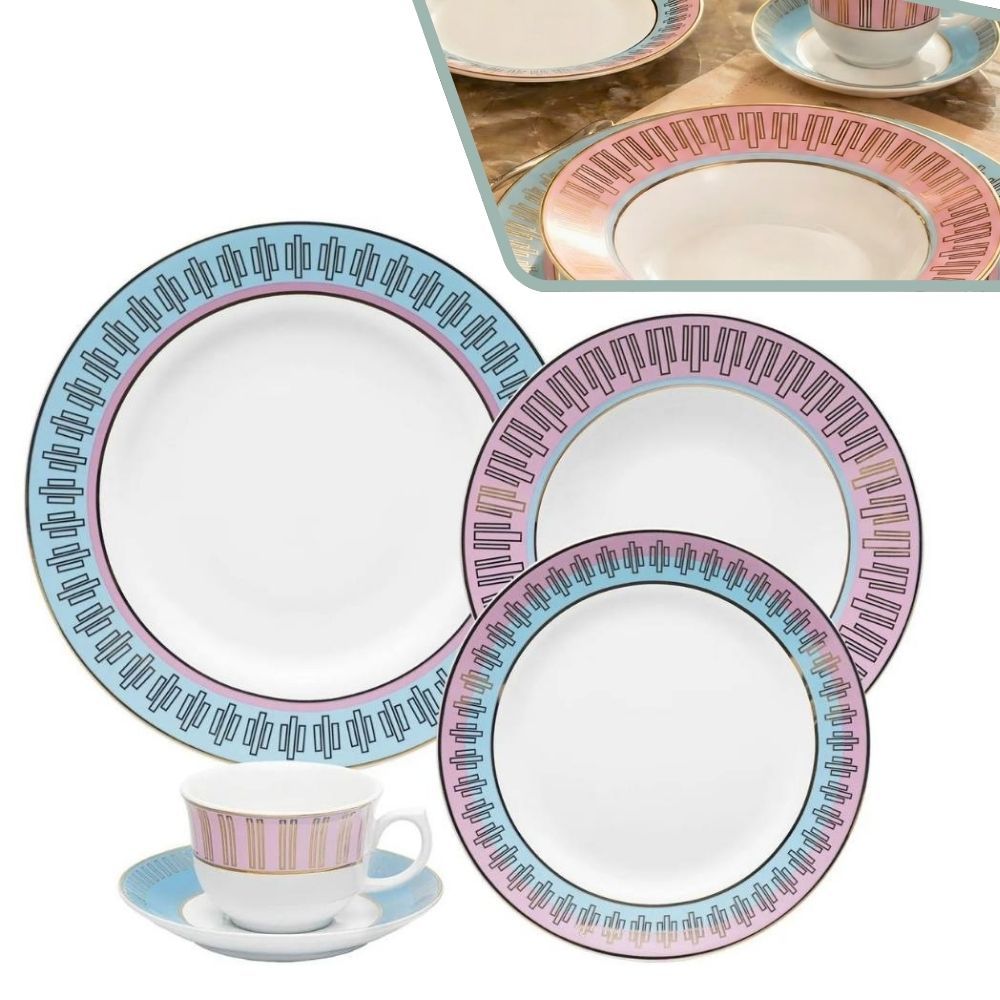 Aparelho de Jantar Oxford Flamingo Cosmopolitan 20pçs Porcelana com Filetes de Ouro