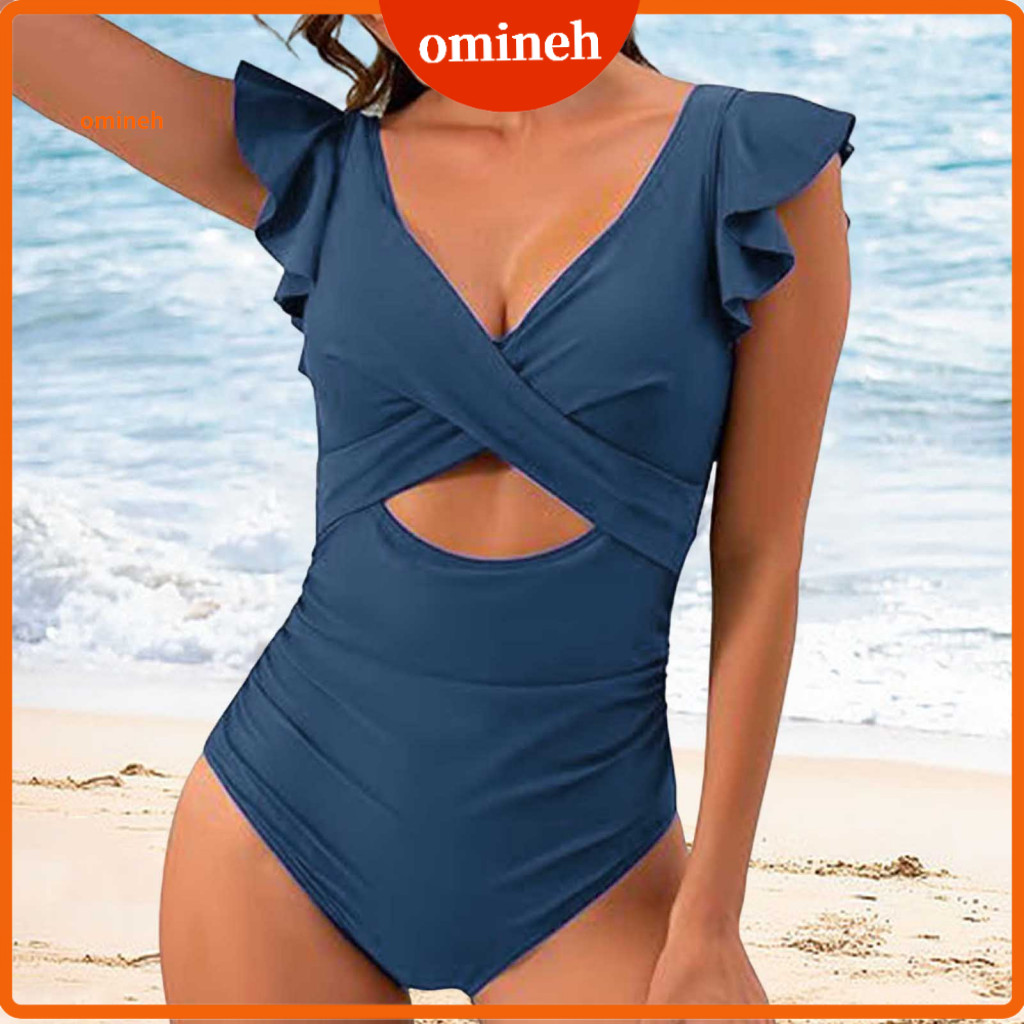 Plissado Abdômen Maiô Feminino Monokini Com Decote Em V Manga De Uma Peça Cintura Alta Controle De Barriga S