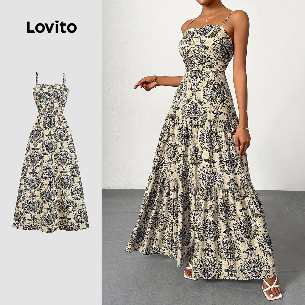 Lovito Vestido Longo Boho Étnico Estampado Com Pregas Ideal Para Primavera/verão LBL32022 em Oferta na Shopee