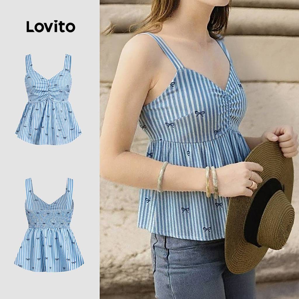 Lovito  Top Casual Smocked Feminino Azul Primavera/Verão L171ED413 em Oferta na Shopee