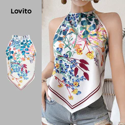 Lovito Férias Blusa Étnica Estampada Amarração Estilo Resort Primavera/Verão para Mulheres Bordado LBL32034