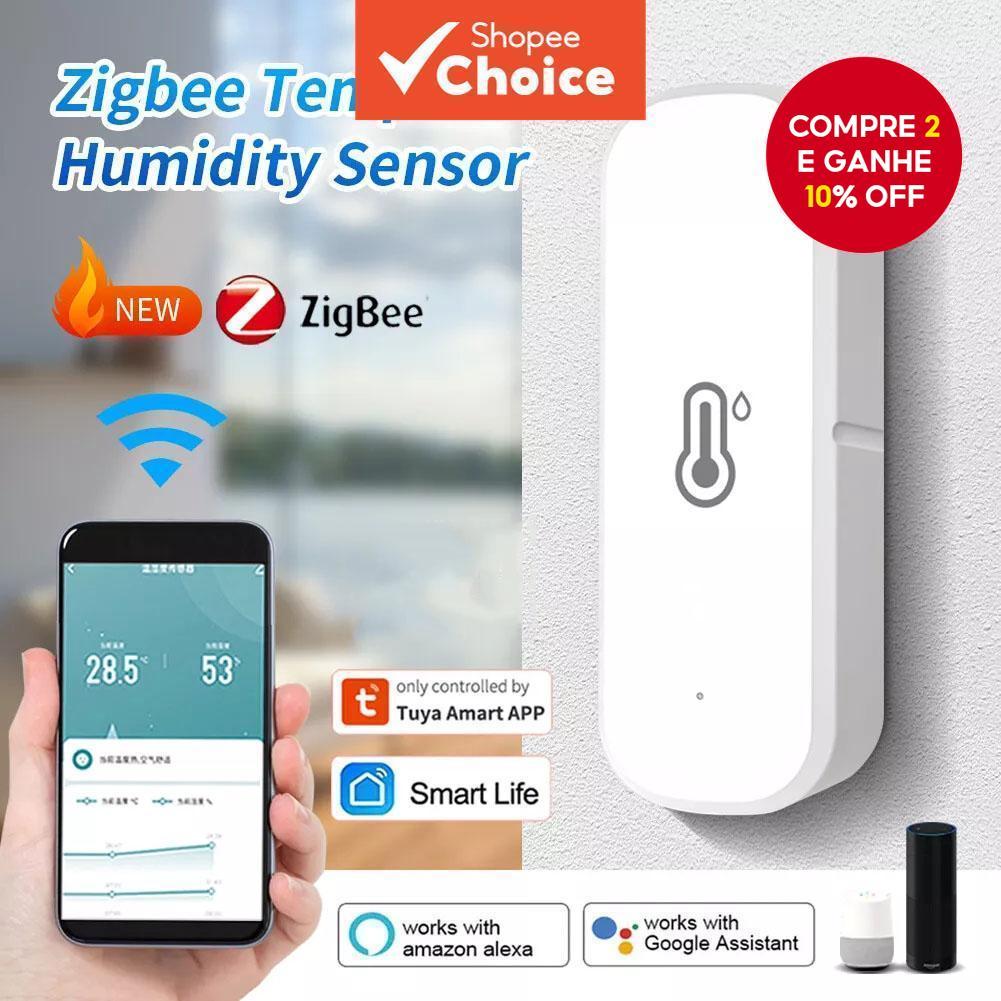 Sensor de Temperatura e Umidade Zigbee Tuya, Monitoração Remota pelo APP, Controle de Voz, Compatível com Alexa e