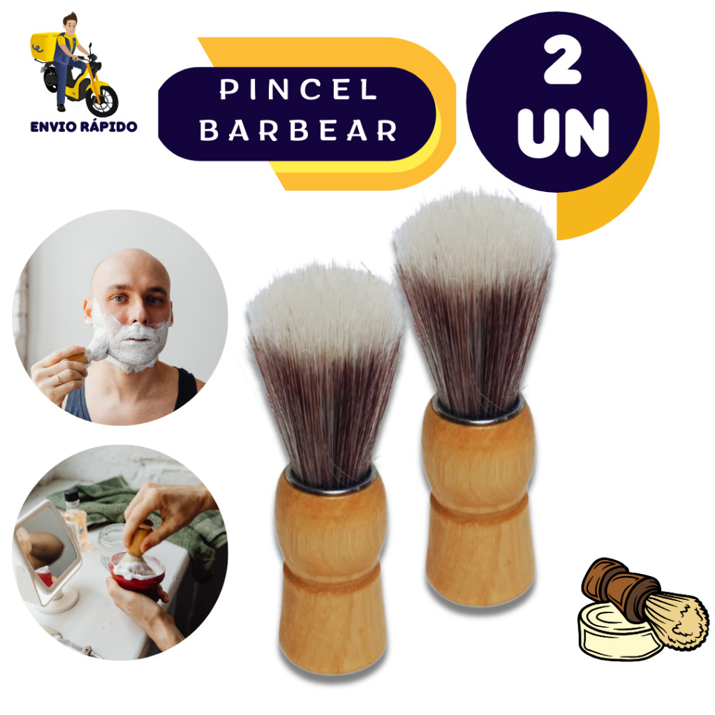 Pincel de Barbear Cabo de Madeira Resistente Cerdas Macias  Lavável Kit com 2 Unidades