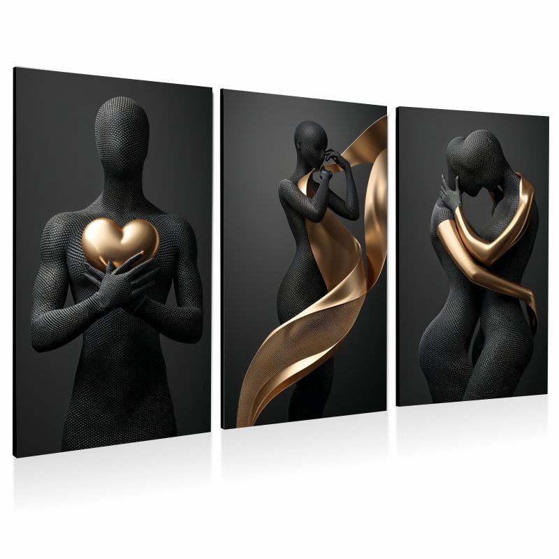 Kit 3 Quadros Decorativos Preto e Dourado Luxo Casal Abstrato Coração Arte Moderna Sala Quarto