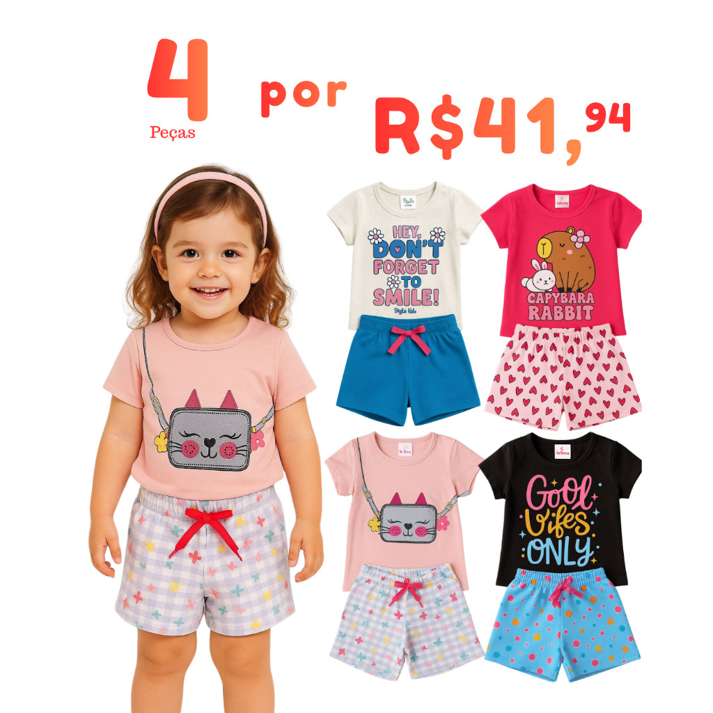 Kit 4 peças infantil Menina Roupa Verão Conjunto Sortido Estampado Camiseta e Shorts Algodão