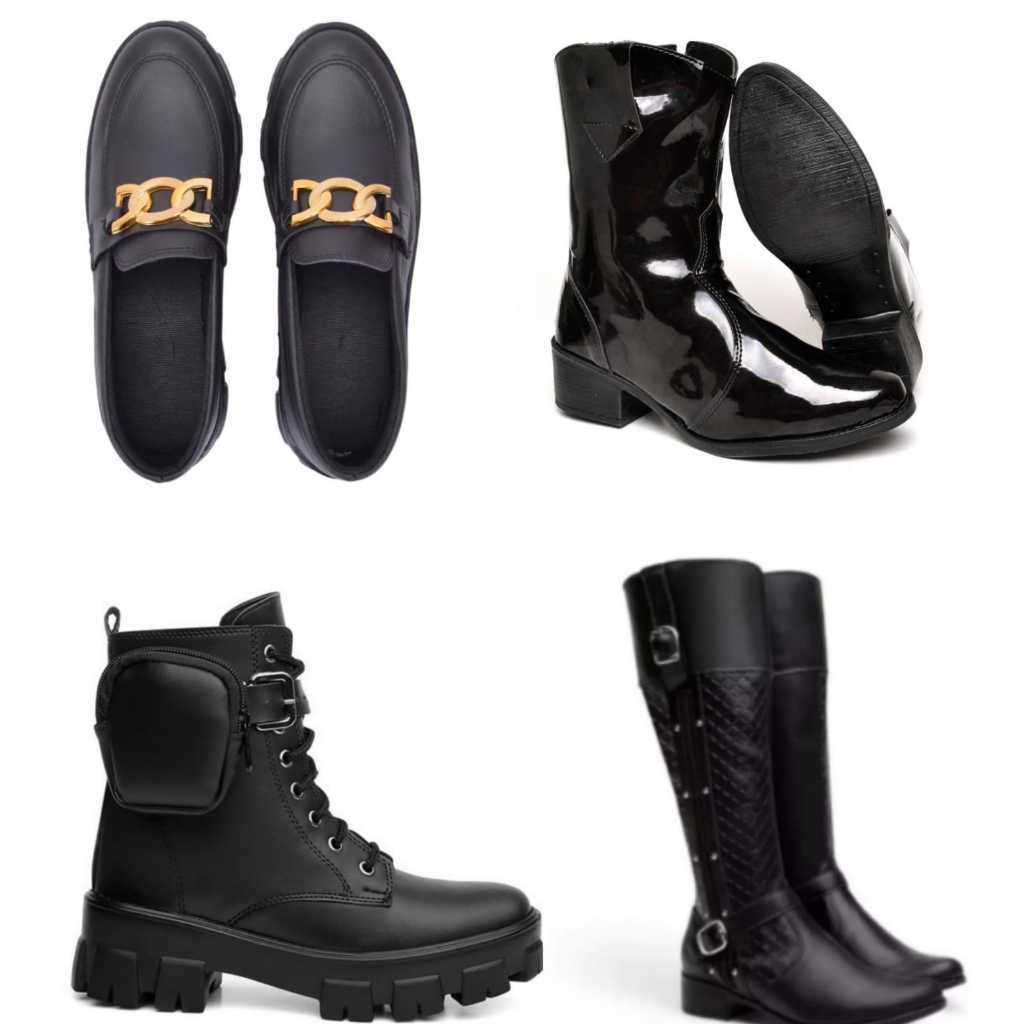 Coturno Feminino Tratorada C/ Bag PT + Mocassim com Metal PT + Bota Texana Verniz PT + Bota Montaria com Metal PT