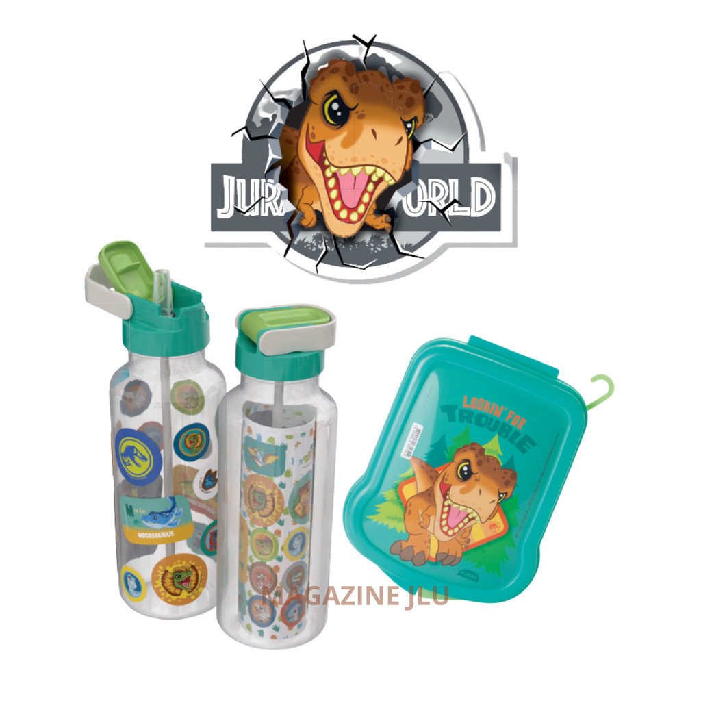 Kit Garrafa Canudo Sanduicheira Jurassic Baby Dinossauro Escolar Passeio Viagem Plasútil Infantil