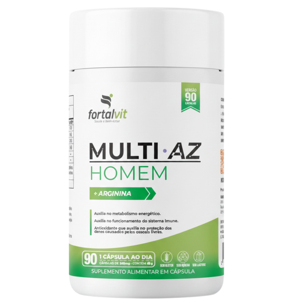 Multi.AZ Homem Arginina  3 Meses de Uso, 21 Vitaminas e Minerais Essenciais, 90 Cápsulas Multivitamínico, Fortalvit