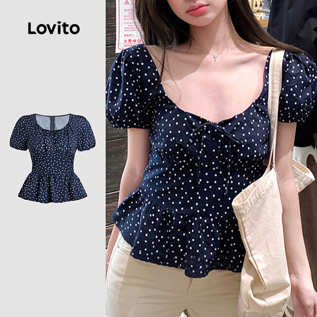 Lovito Casual Blusa com Laço Na Frente Barra com Babado Primavera/verão Blusa Azul marinho L156AD191