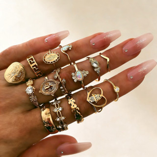 Conjunto de 15 anéis criativos vintage com retrato dourado e moeda em cruz em Oferta na Shopee