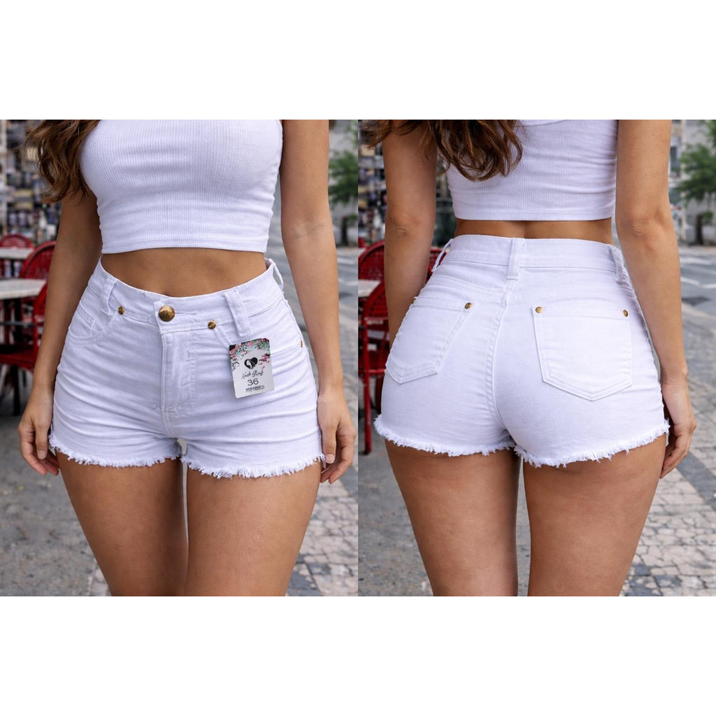 Short jeans feminina branca cintura alta em Oferta na Shopee