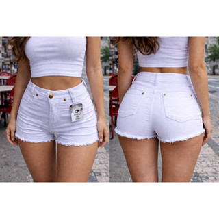 Short jeans feminina branca cintura alta em Oferta na Shopee