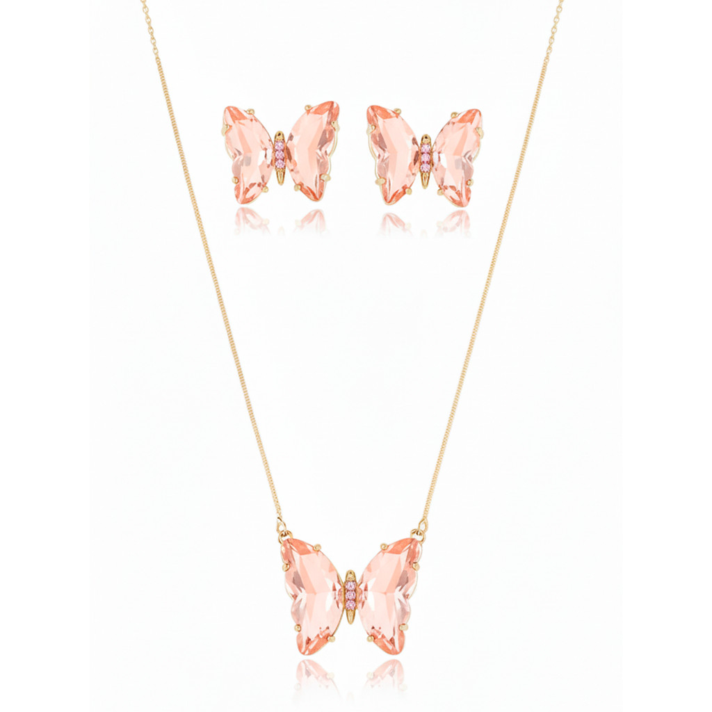 Conjunto de Colar e Brincos em Formato Borboleta Navete Zircônia | Feminino | Banhado Ouro 18K | Antialérgico | Semijoia