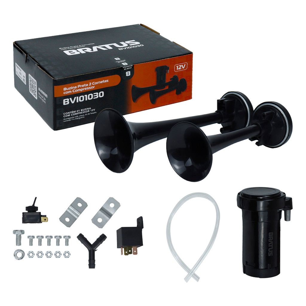Buzina a Ar 2 Cornetas Preta 12V Carro Universal Com Compressor e Relé Bratus em Oferta na Shopee