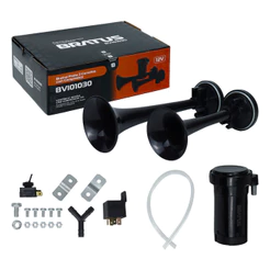 Buzina a Ar 2 Cornetas Preta 12V Carro Universal Com Compressor e Relé Bratus