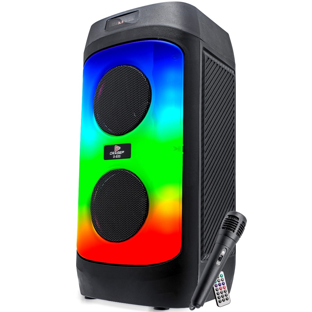 Caixa De Som Bluetooth Amplificada Karaokê TWS RGB Rádio Fm Auxiliar P2 P10 Usb Com Microfone Controle 2 Alto Falantes