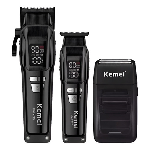 Kit 3 Máquina Kemei 2797 + 1102 Corte E Barbeador Acabamento Preto 127/220v