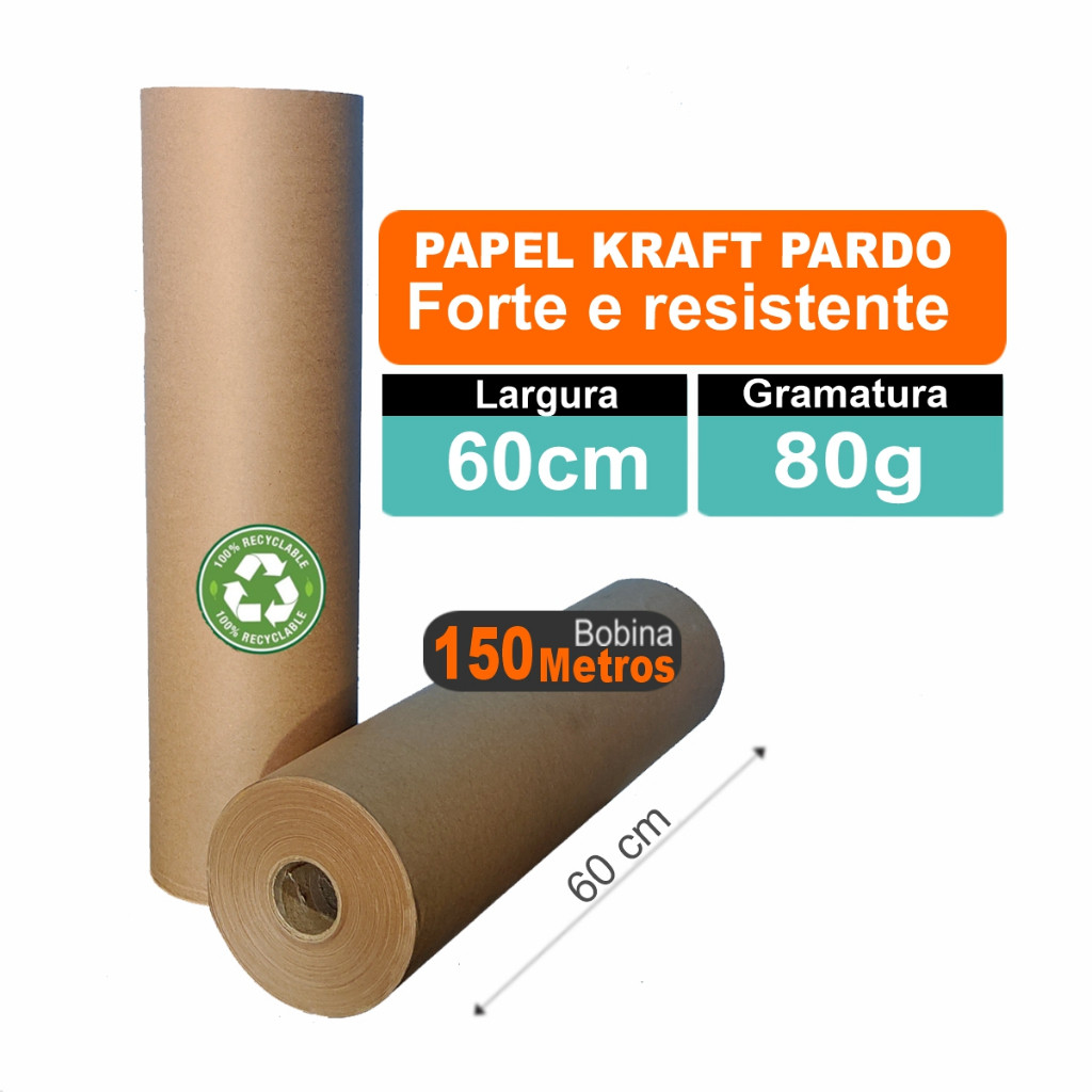 Bobina Papel Kraft Pardo 80g 60cm x 150 Metros Rolo de 7.2kg Para Embalagem Moldes Artesanato