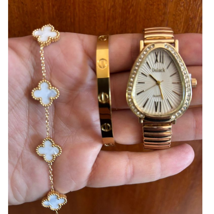 Kit Conjunto Relógio Feminino Dourado com Bracelete Pulseira Acessórios Femininos Relogio