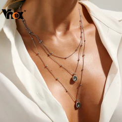 Colar Em Camadas De Contas De Zircônio Preto Vnox Para Mulheres E Meninas , Joias De Pescoço Com Corrente Ajustável Da M