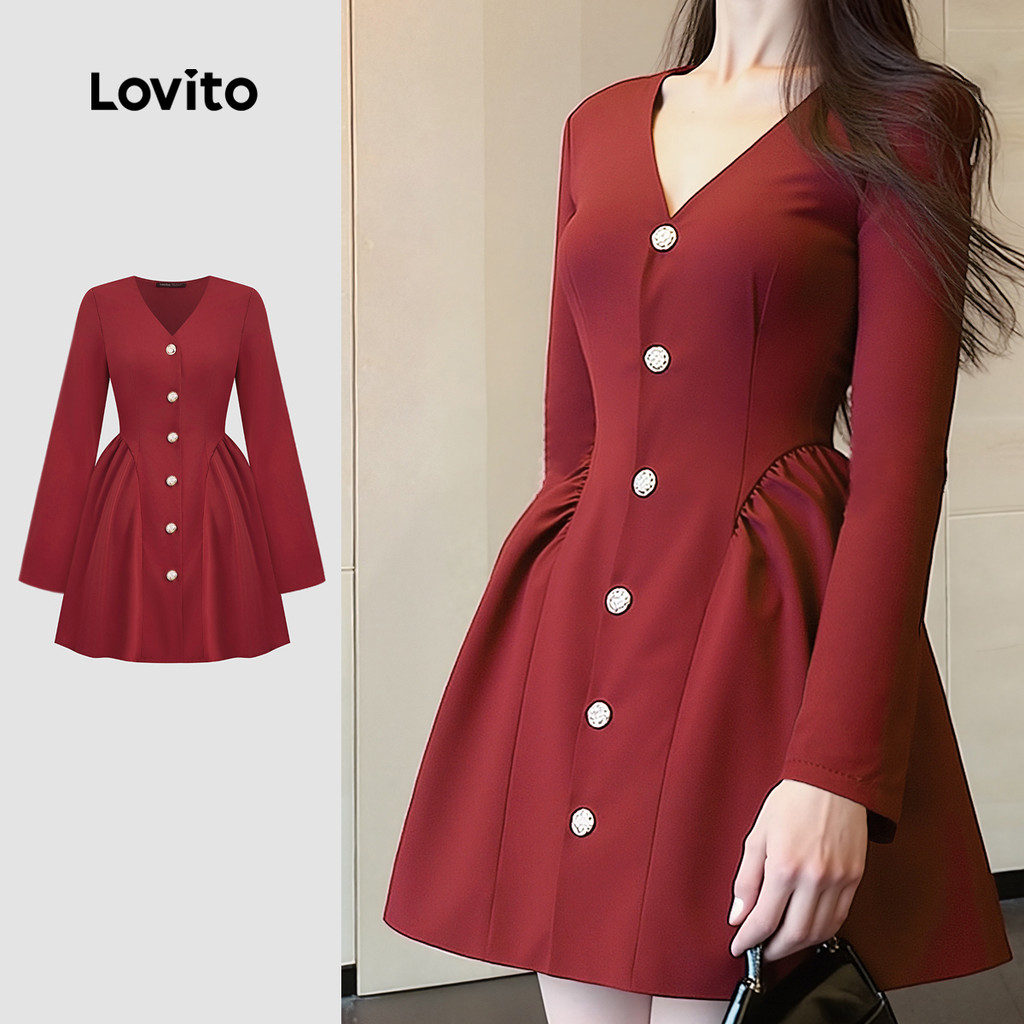 Lovito Vestido Vermelho Feminino Fofo Para Festa Com Botões Para Lazer No Outono/inverno Para Mulheres LK2AD905