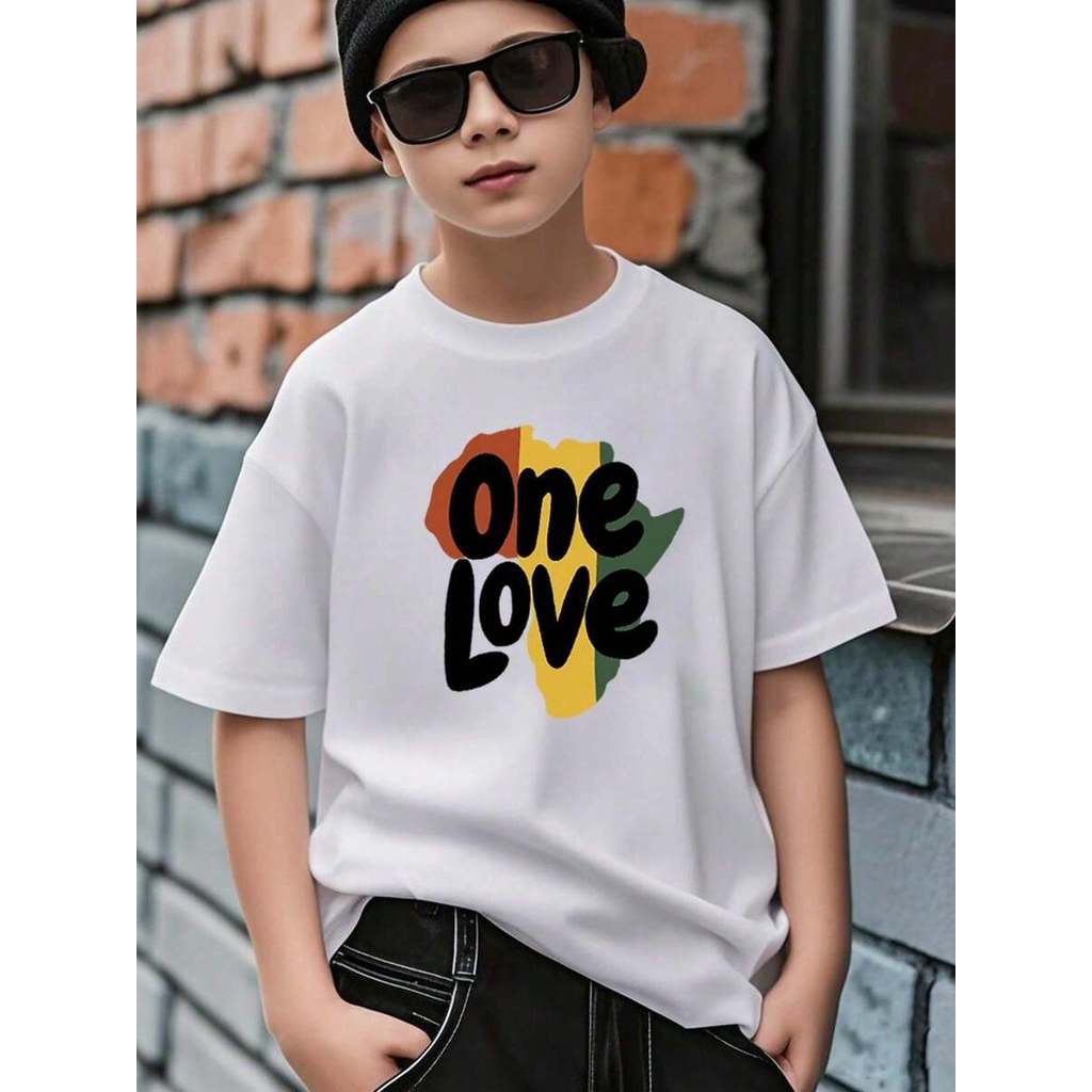 Camiseta infantil menino ONE LOVE jamaica de Manga Curta Gola Redonda, Estampa Gráfica Casual para Meninos e Estudantes