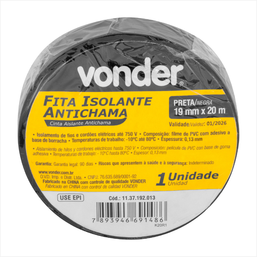 Fita isolante 19 mm x 20 m preta - Vonder em Oferta na Shopee