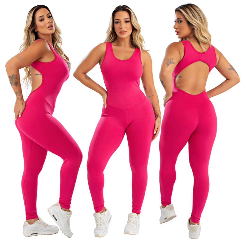 Macacão Fitness Feminino Liso Academia Costas Aberta Longo Ginastica Treino Casual em Oferta na Shopee