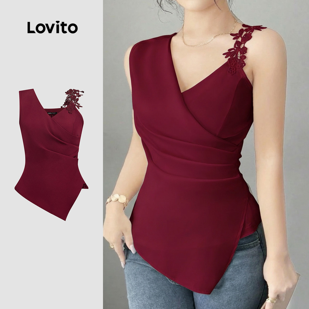 Lovito Blusa Casual De Festa Vermelha Com Apliques Assimétricos Ideal Para Primavera/verão Em Tom Off-white LK2ED133 em Oferta na Shopee