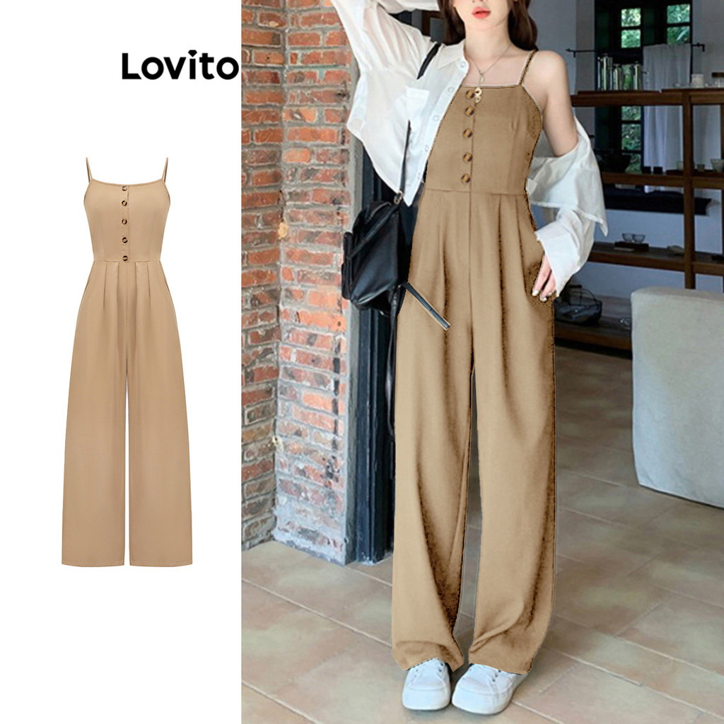 Lovito Macacão Elegante Com Botões Lisos Para Mulheres L74ED215 (Multicolorido)