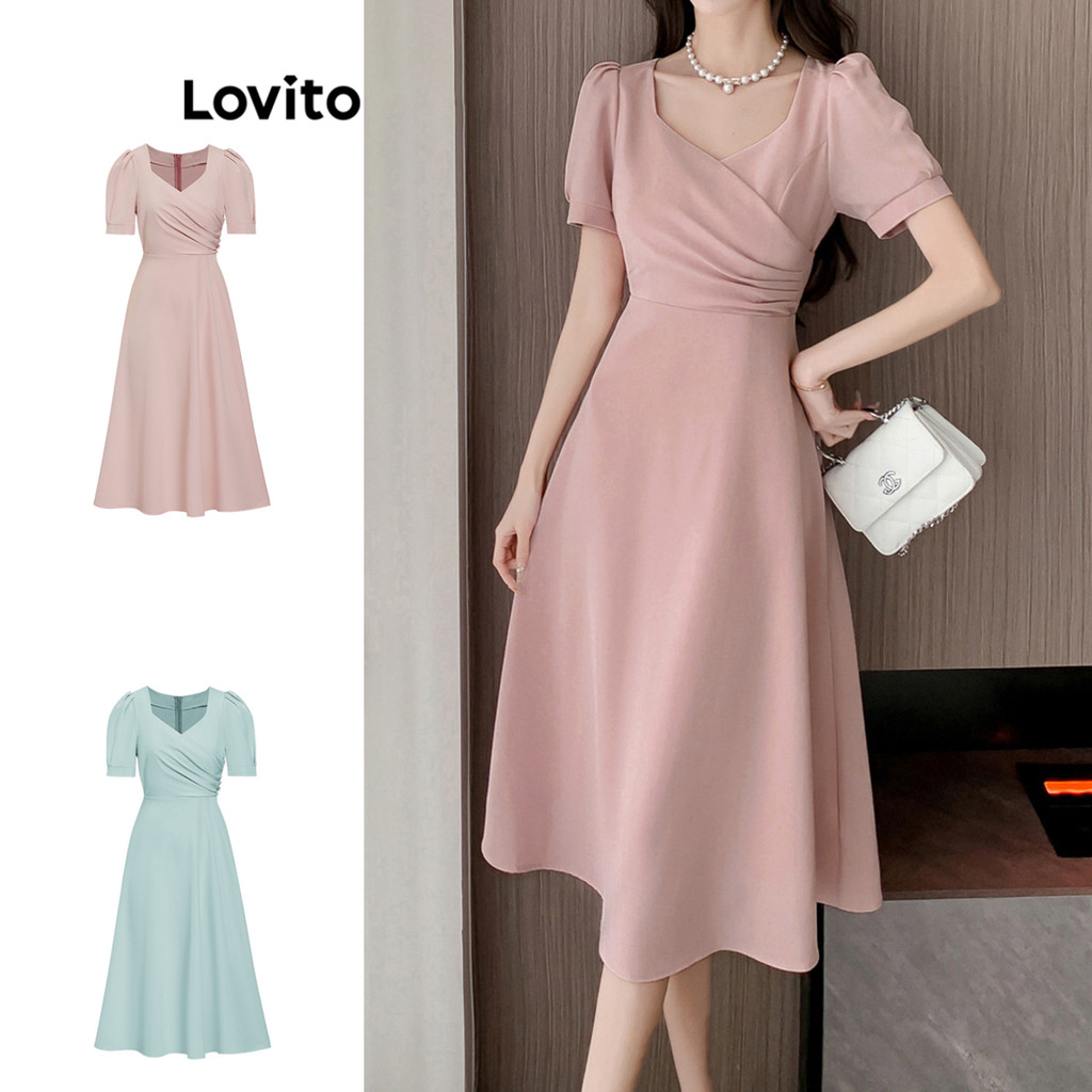 Lovito Vestido Elegante Vestido Liso Com Manga Bufante Para Mulheres L77ED262 (Multicolorido)